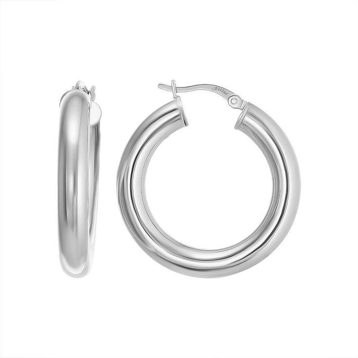 Love the way you look with these sterling silver round hoop earrings. Click on this JEWELRY & WATCHES GUIDE to learn about fit, styles, materials and more! Love the way you look with these sterling silver round hoop earrings. Click on this JEWELRY & WATCHES GUIDE to learn about fit, styles, materials and more! FEATURES Dimensions: 30 mm x 5 mm Backings: click-it Nickel free Metal: sterling silver Plating: rhodium Finish: polished Size: One Size. Gender: female. Age Group: adult. Sterling Silver White Gold Hoop Earrings, White Gold Sterling Silver Hoop Earrings, Classic Silver Circle Earrings, Classic Silver Rounded Jewelry, Classic Rounded Silver Jewelry, Silver Round Huggie Earrings With Polished Finish, Sterling Silver Rounded Jewelry, Classic Sterling Silver Hoop Jewelry, Classic Cadmium-free Hoop Jewelry