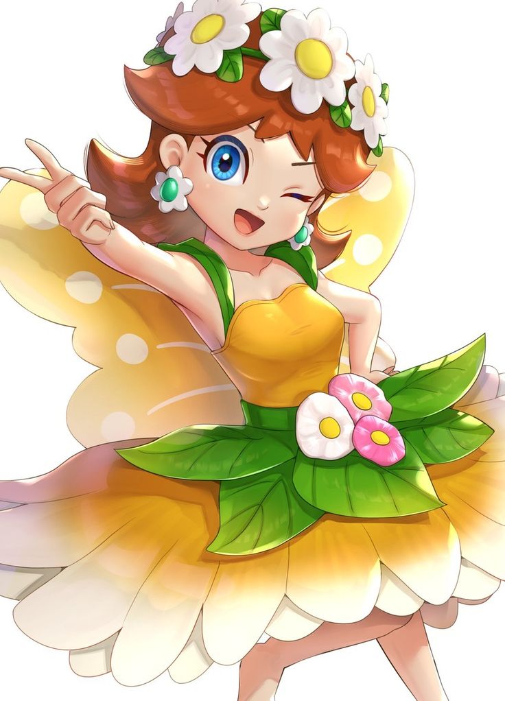 a cartoon girl dressed as a fairy with flowers in her hair