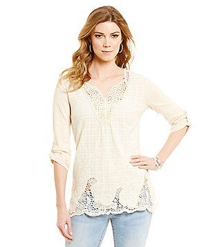 Reba Athena Crochet-Trimmed Tunic Bohemian Spring Tunic With 3/4 Sleeves, Spring Peasant Top With 3/4 Sleeves, Peasant Style 3/4 Sleeve Tops For Spring, Peasant Style 3/4 Sleeve Spring Tops, Spring Embroidered Cotton Top With 3/4 Sleeves, Cotton Embroidered Top With 3/4 Sleeves For Spring, Casual Embroidered Top With 3/4 Sleeves For Spring, Casual Embroidered Top With 3/4 Sleeves, Clothing Apparel