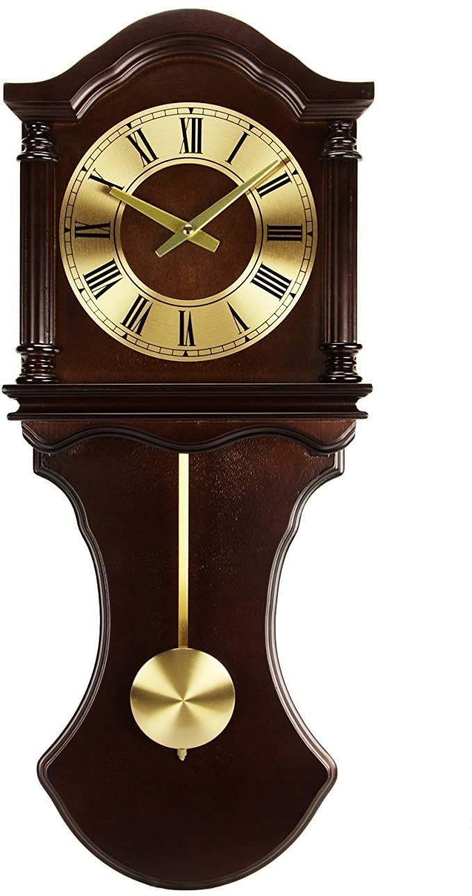 a wooden clock with roman numerals on the front and sides, against a white background