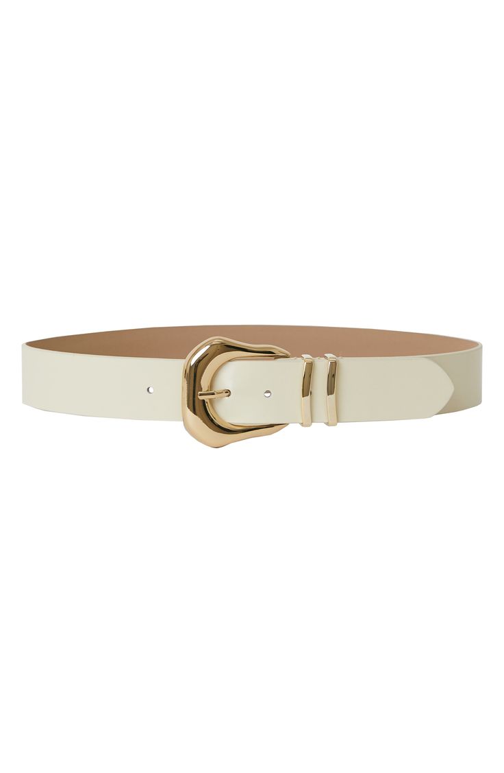 Glossy hardware elevates a versatile belt rendered in rich leather for timeless appeal. 1 1/2" belt width Leather Imported Cream Belt, B Low The Belt, Money Belt, Thanksgiving Outfit, Sand Color, Old Money, Gold Black, Leather Belt, Thanksgiving