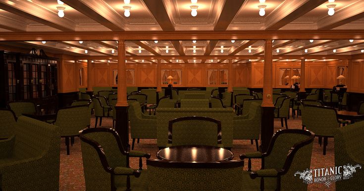 an empty room with chairs and tables in the center is lit by lights from overhead lamps