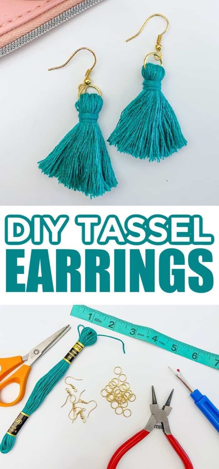 diy tassel earrings with scissors and thread on the bottom, next to it