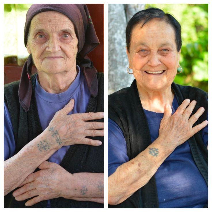 two pictures of an older woman with tattoos on her arms