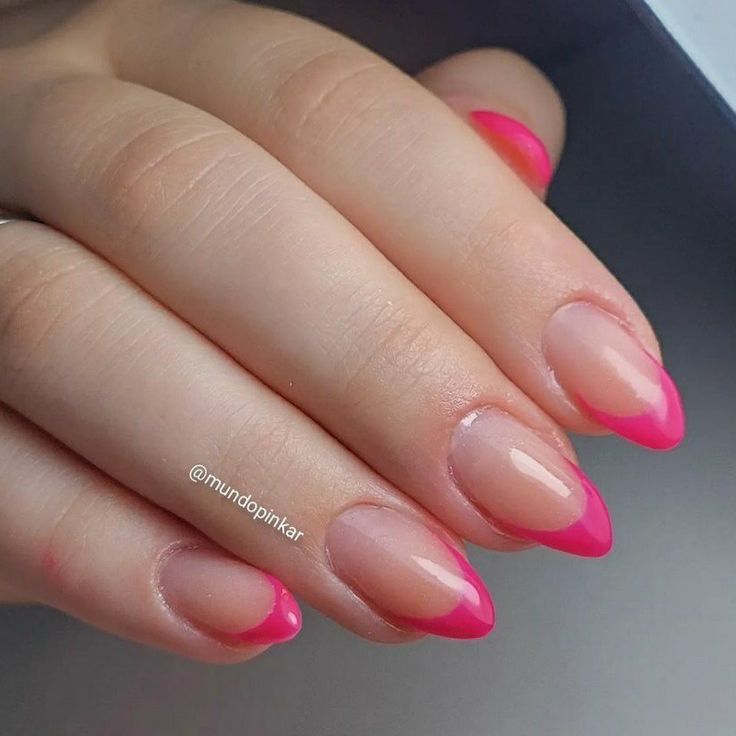 Fushia Tip Nails, Hot Pink French Tip Nails Oval, French Tip Nails Dark Pink, Pink Tip Oval Nails, Fushia French Tips, Oval Hot Pink Nails, Fuschia Pink Nail Designs, Hot Pink Oval Acrylic Nails, Fuschia French Tip Nails