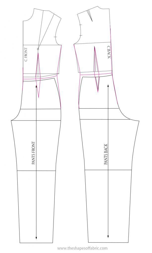 the front and back view of a sewing pattern, with measurements for each piece on it