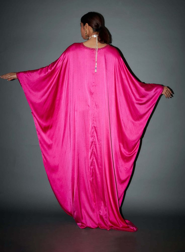 Elevate your style with our french fuchsia crystal embellished border kaftan. This elegant and vibrant piece features a cinched waist for a flattering silhouette, making it perfect for special occasions and gatherings where you want to make a stylish statement. Work Crystals, Kaftan Pattern, Kaftan For Women, Satin Color, Indian Ethnic Wear, Pink Satin, Designer Wear, Batwing Sleeve, Cinched Waist