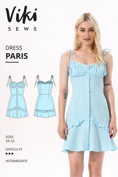 a women's dress with ruffles on the front and back, in light blue