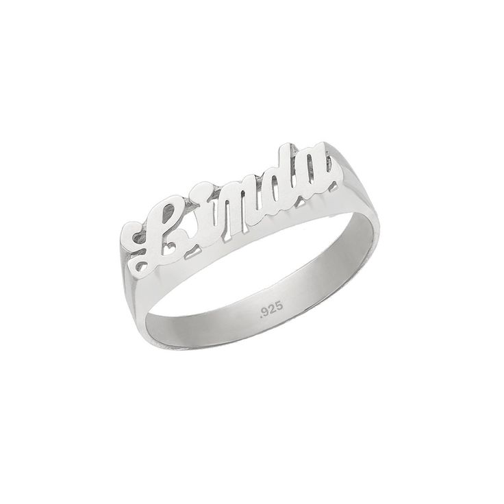 "Name jewelry is always the hottest trend. This custom made name ring is beautifully crafted in sterling silver and 24K Gold Plated sterling silver. This will certainly make a special gift making a perfect accessory for any occasion. This name ring measures approximately 1/4\" tall in sizes 5 thru 12. Name or Number of your Choice. Finished with polished to mirror shine, this name ring makes an extra elegant addition to your jewelry wardrobe. Since your name ring is handcrafted, item may slightl Ring With Name, Name Ring, Name Rings, Name Jewelry, Gold Plated Sterling Silver, Custom Rings, Sterling Ring, Custom Name, Your Name