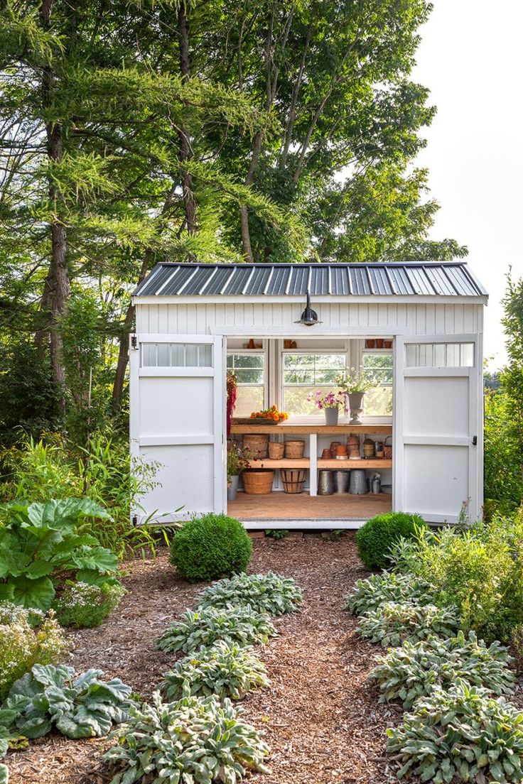 a small white shed in the middle of some trees and bushes with plants growing around it