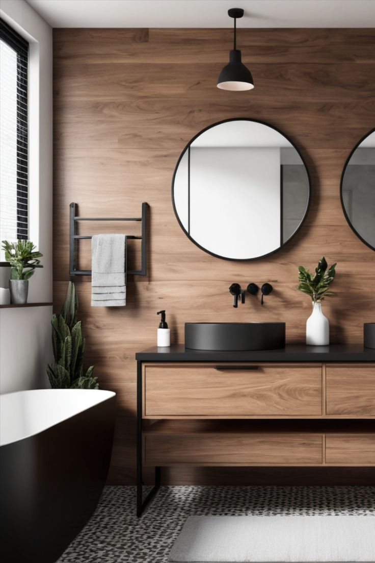 a bathroom with two round mirrors on the wall