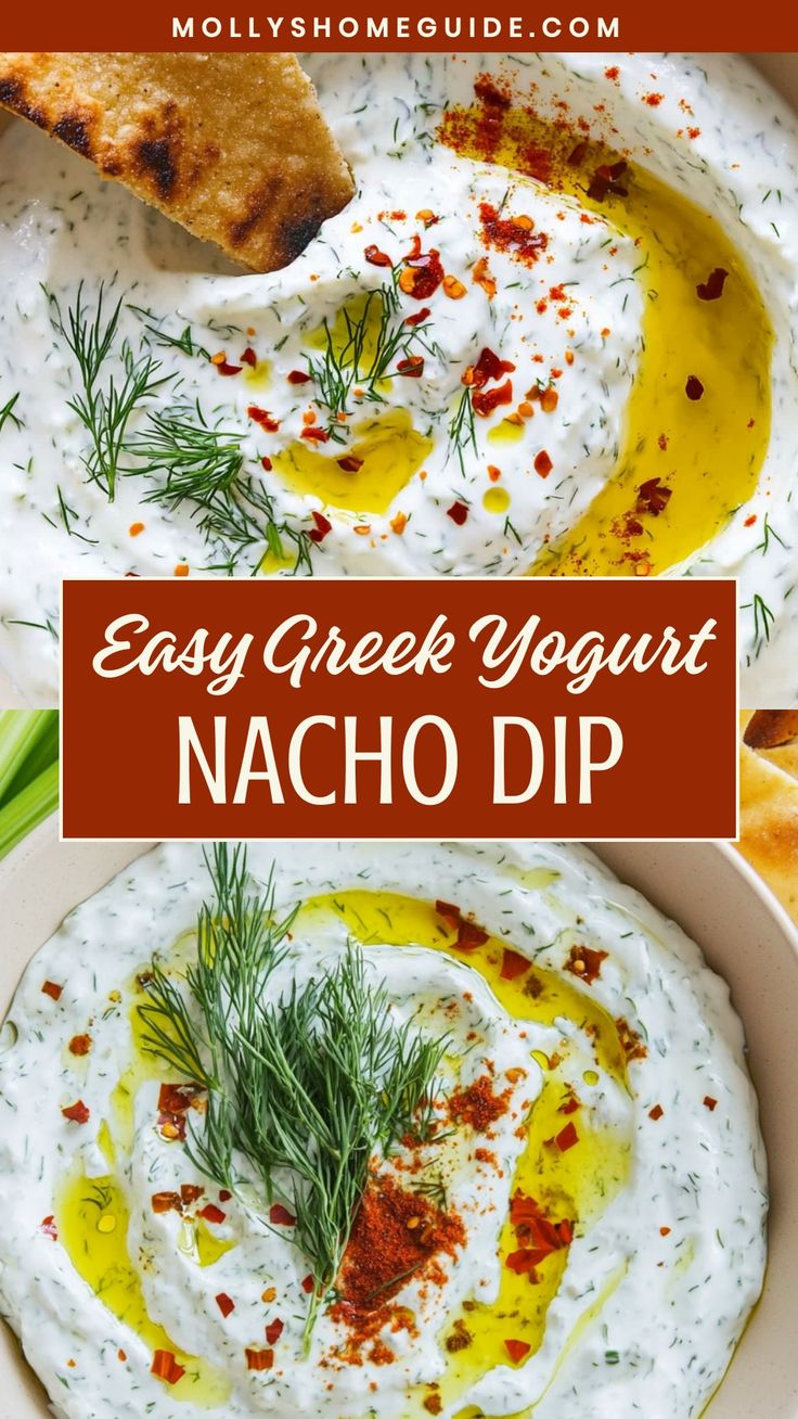 an easy greek yogurt nacho dip recipe in a white bowl with dill sprig on top