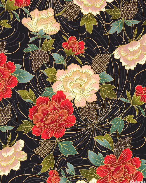 a floral pattern with red and yellow flowers on a black background in the style of japanese painting