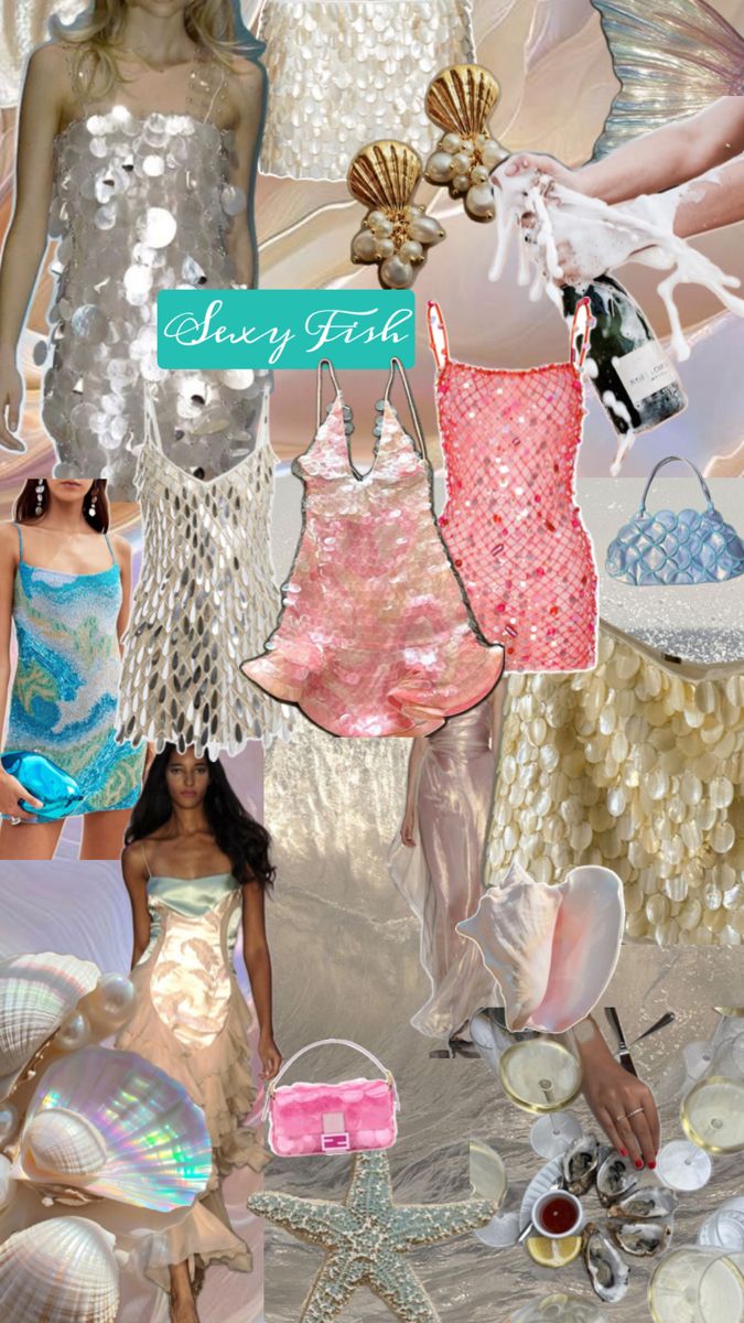 the collage shows different types of clothing and accessories, including dresses, shoes, hats, and jewelry