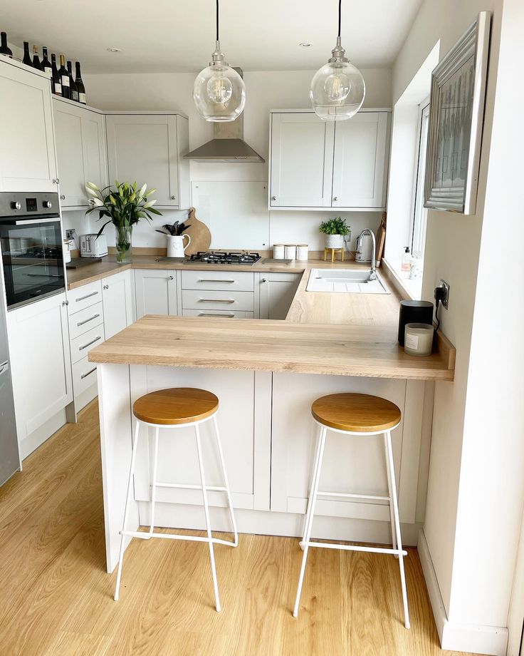 two stools are in front of the kitchen island