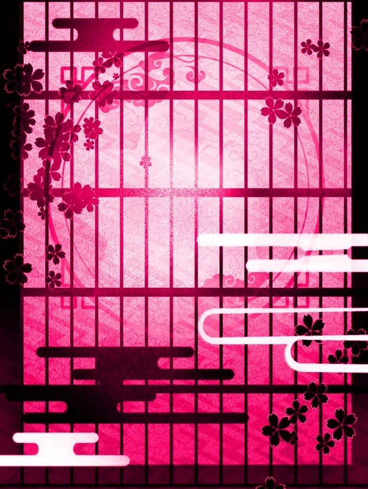 a pink and black poster with flowers in it's caged area on the wall