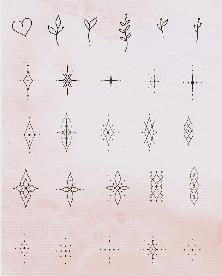 a bunch of different shapes and sizes of tattoos on a white paper with pink watercolor background