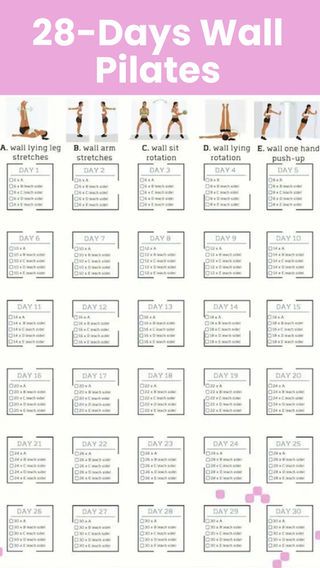 the 28 days wall pilates workout plan is shown in pink and white with text overlay