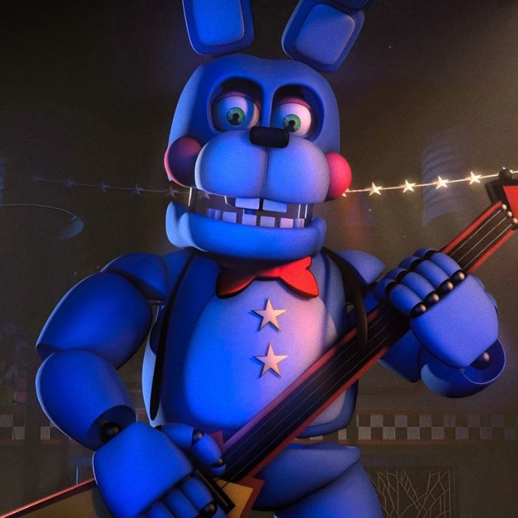 a blue bunny holding a guitar and wearing a red bow tie, standing in front of a stage