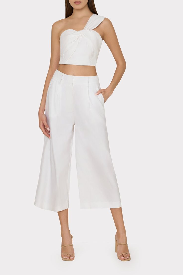 Cut from luxe linen with a bit of stretch, this crop top will complete your go-to summer look. It uses a tie detail across the bodice that creates a chic, one-shoulder silhouette. Style yours with a pair of Milly wide leg pants and heels for evening or shorts and flats for daytime. White Clothes, White P, Maxi Dress Cocktail, Denim Coat Jacket, Weekend Outfit, Swimsuit Cover Ups, Summer Look, Denim Coat, Linen Top