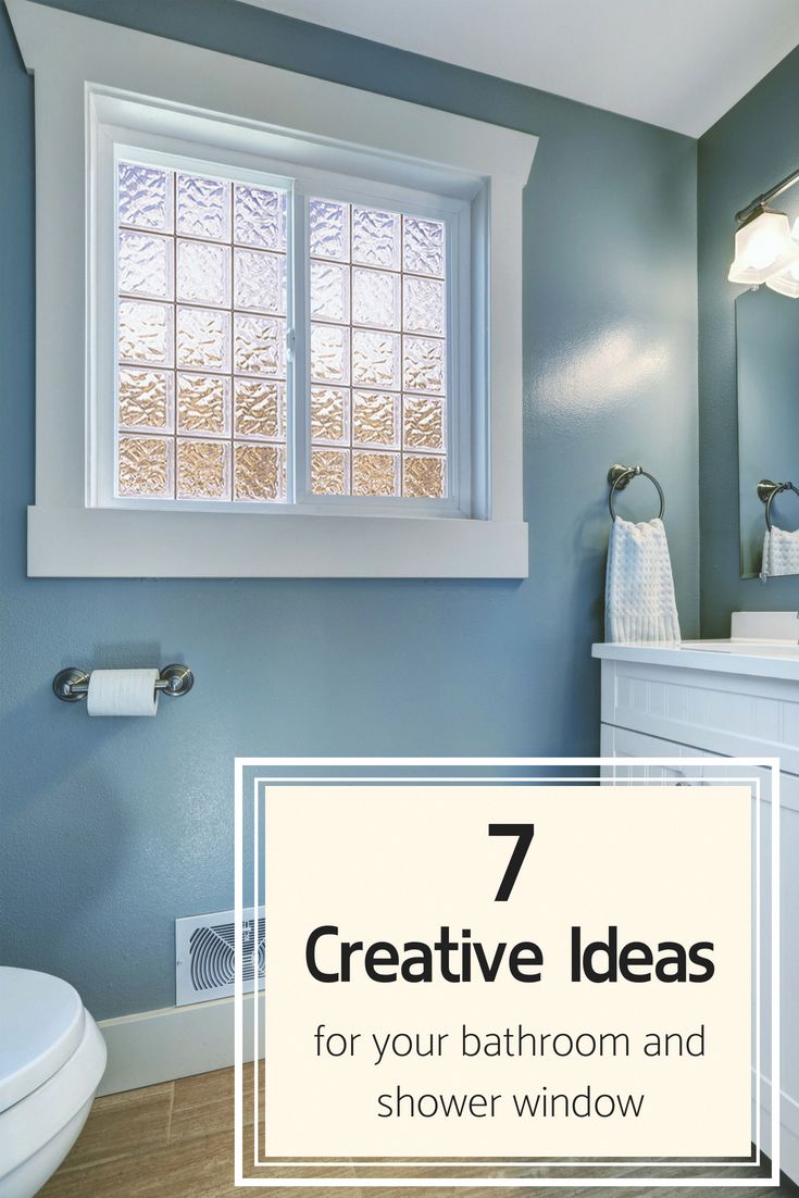 a bathroom with blue walls and white fixtures, the words 7 creative ideas for your bathroom and shower window