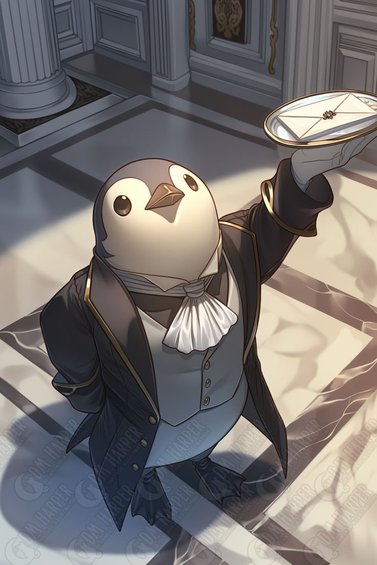 a cartoon penguin holding a plate with a clock in it's hand and standing on the floor