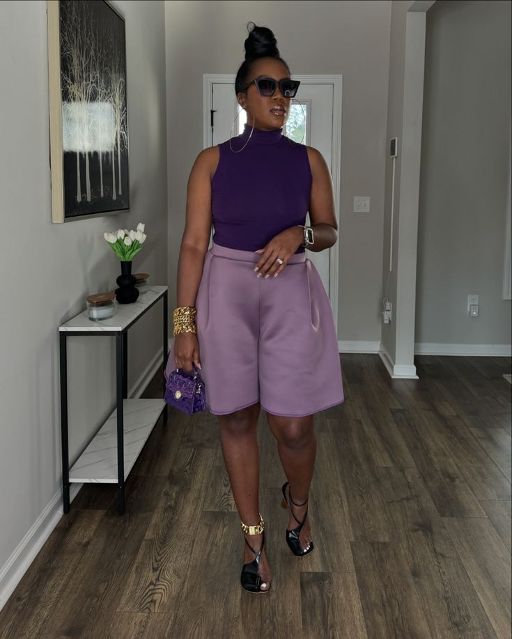 Wide Leg Shorts Outfit, Awake Mode, Wearing Purple, Wide Leg Shorts, Weekend Outfits, Casual Date Night, Chunky Bracelets, Gold Bracelets, White Button Down