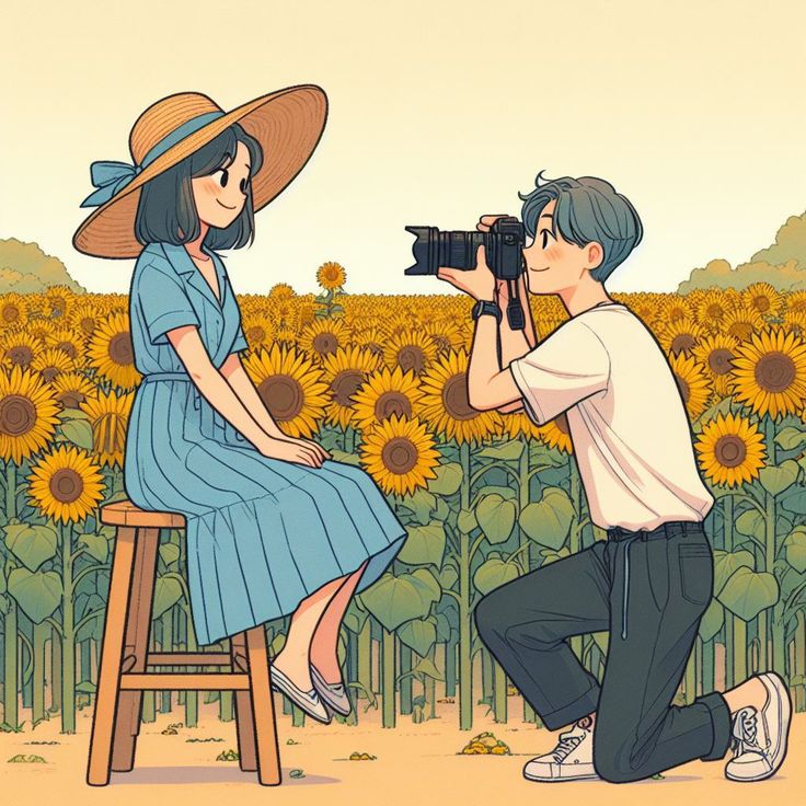 a man kneeling down next to a woman on a stool in front of a field of sunflowers