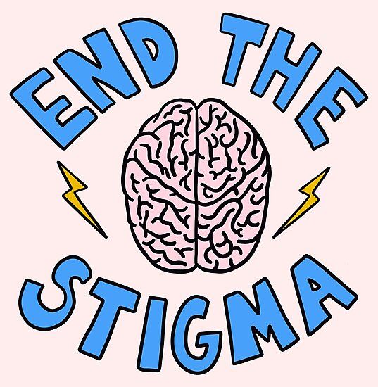 the words end the stigma are shown in blue and pink with an image of a brain