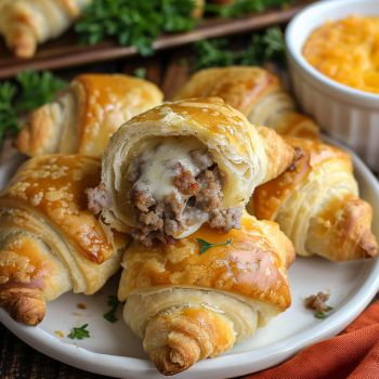 several croissants with meat and cheese are on a plate