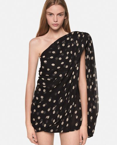 Discover Stella's Black with cream Asymmetric Polka Dot Silk Mini Dress today. Free standard shipping is available on all orders. Shop online now. Leather Feathers, Baby Boy Dress, Black Mesh Top, Silk Chiffon Dress, Short Denim Skirt, Knitwear Dress, Silk Mini Dress, Back Women, Stella Mccartney Adidas