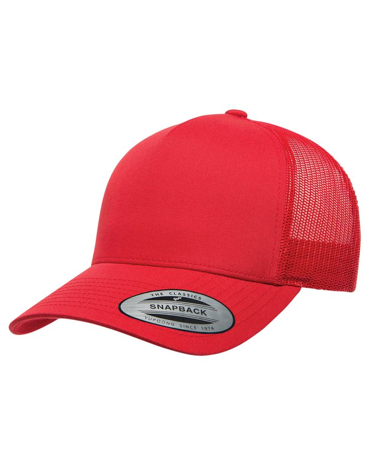 a red trucker hat with the logo on it