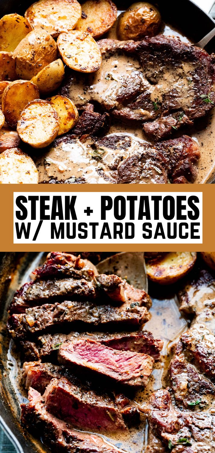 steak and potatoes in a skillet with text overlay