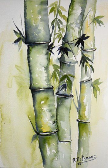 a painting of bamboo trees with green leaves