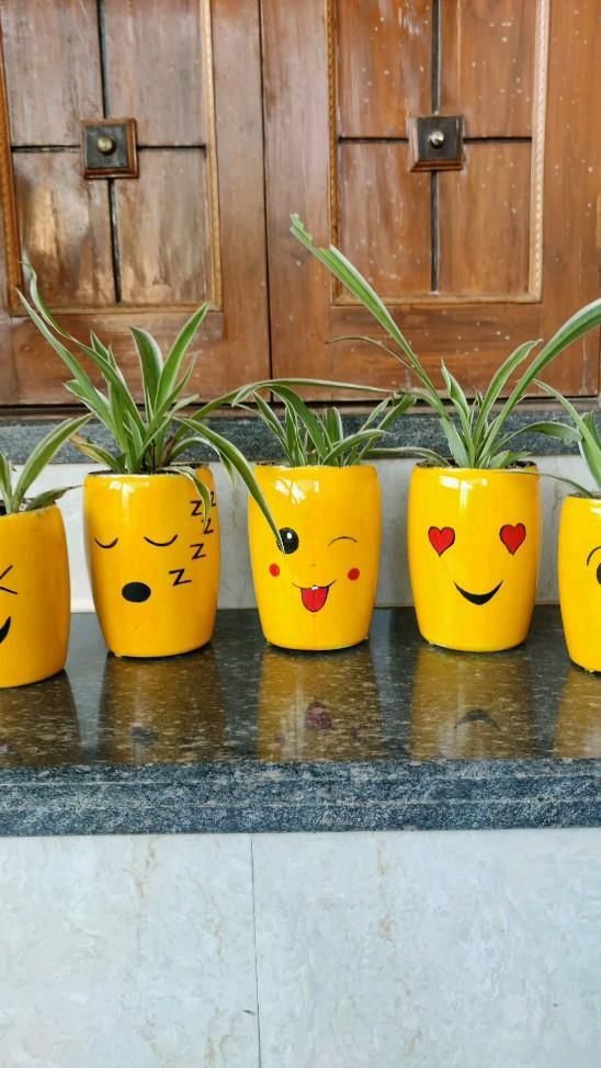 four yellow cups with faces painted on them are lined up in a row, and one has an air plant in the middle