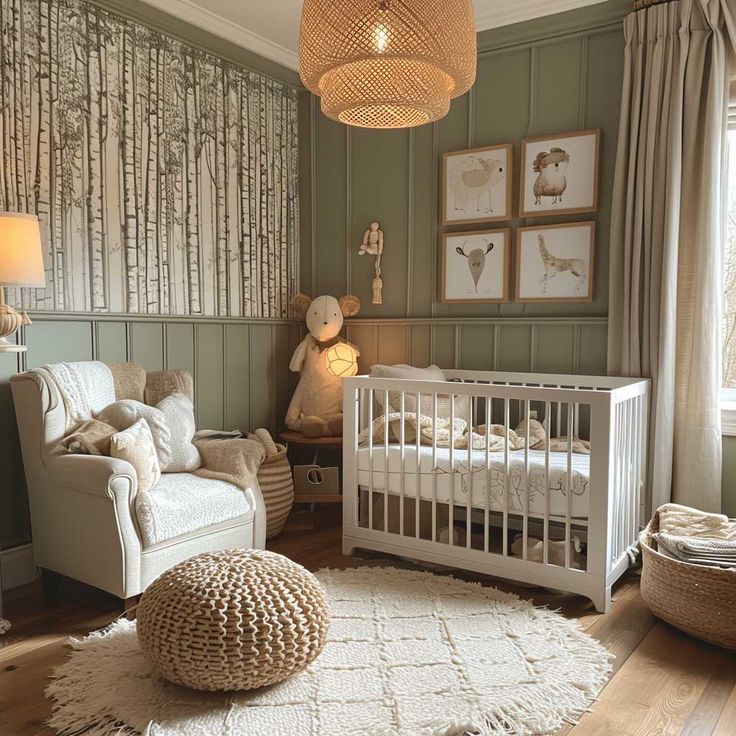 a baby's room with green walls and white furniture