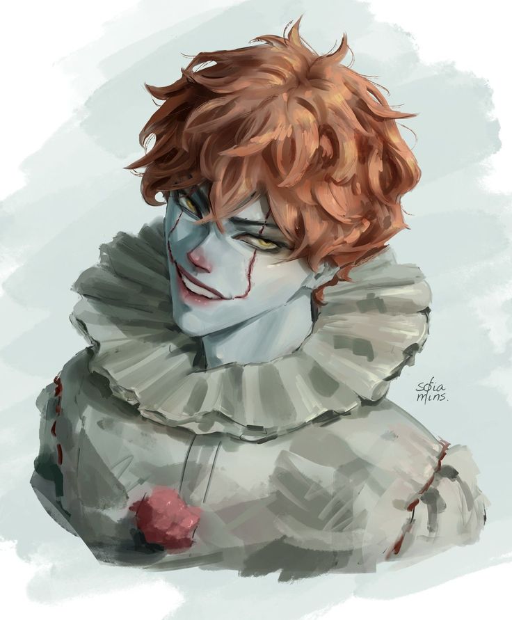 a drawing of a man with red hair and makeup wearing a clown mask, looking to the side