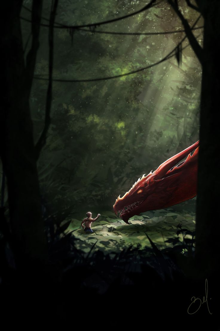 a red dragon in the middle of a forest