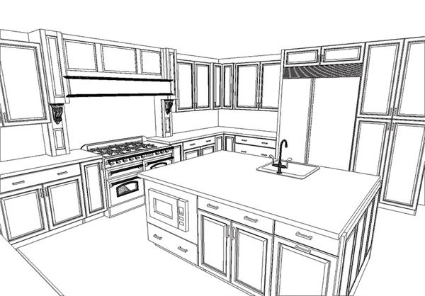 a line drawing of a kitchen with an island and stove top oven, sink, cabinets, and refrigerator