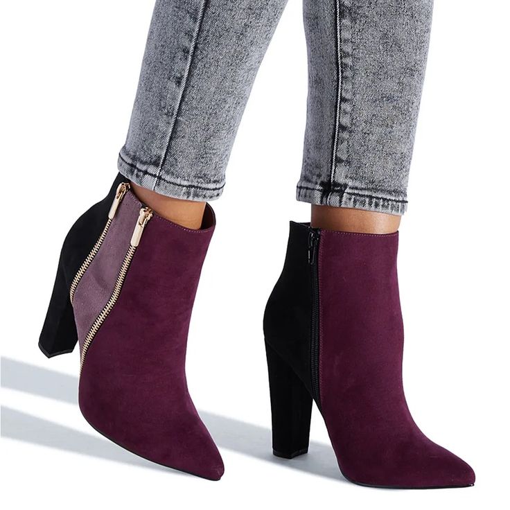 Perfect Booties For Fall A Block-Heeled Ankle Bootie With Decorative And Functional Zippers. Material: Faux-Suede Color: Multi-Colored (Wine And Black) Outside Heel Height: 4" Closure: Functional Zipper Winter Ankle Boot Heels With Zipper, Winter Ankle Boot Heels With Zipper Closure, Trendy Suede Boots With Zipper Closure, Chic Suede Boots With Zipper Closure, Trendy Fall Heels With Zipper Closure, Trendy High Heel Booties With Zipper Closure, Winter Suede Heeled Boots With Zipper Closure, Ankle-high Heels With Zipper Closure For Fall, Fall Suede Heeled Boots With Zipper