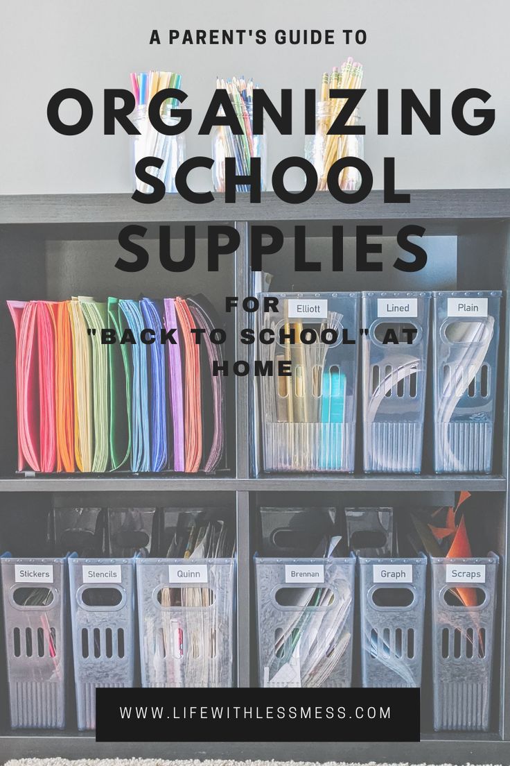 organized school supplies with text overlay that reads, a parent's guide to organizing school supplies for homes