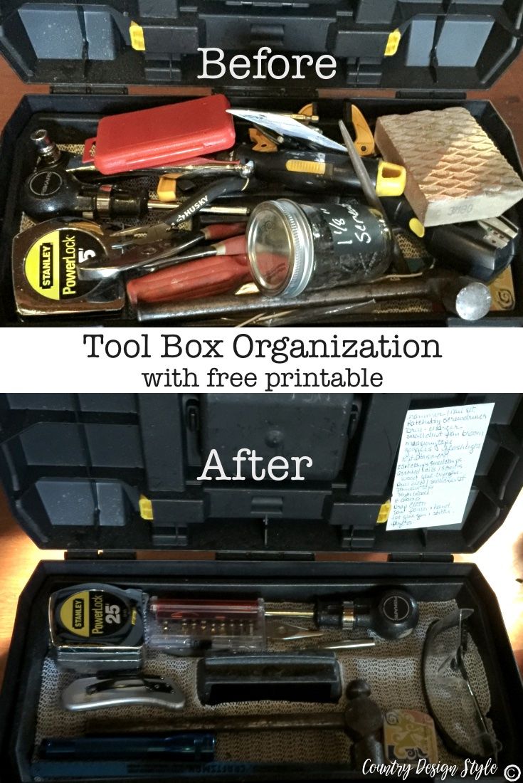 tools in an open toolbox are labeled before and after they have been organized with free printables