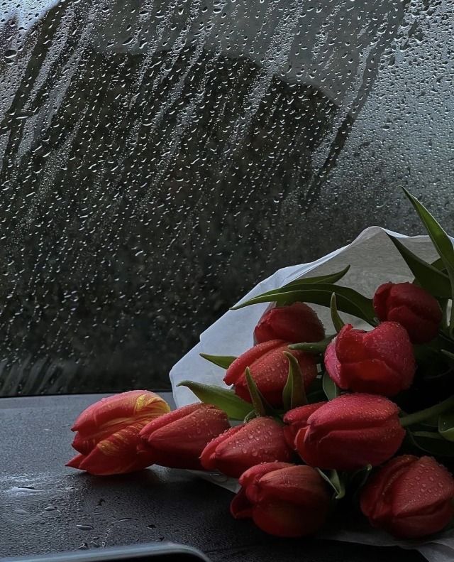 red tulips sitting on top of a table next to a window covered in rain