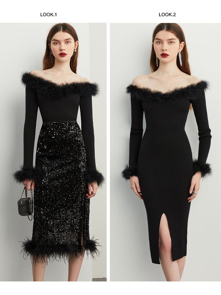 Dare to flaunt your femininity in this timeless autumn dress. Off-shoulder design and black feather embellishments add a unique elegance, while its classic silhouette ensures you stay sexy. Step out and make a statement this fall. Shine on! Perfect for holiday party, date night and night out .