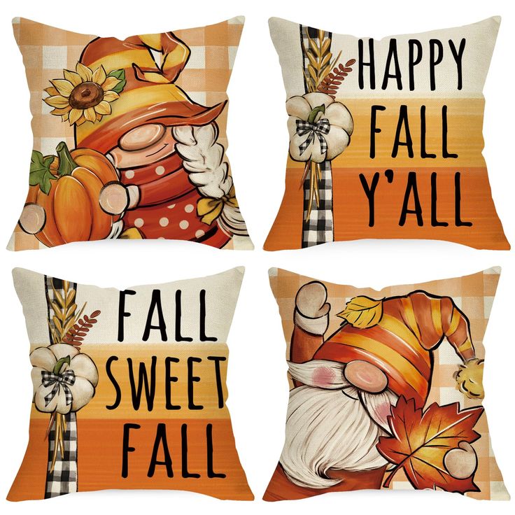 four pillows with different designs on them, one has an image of a gnome and the other says happy fall y'all