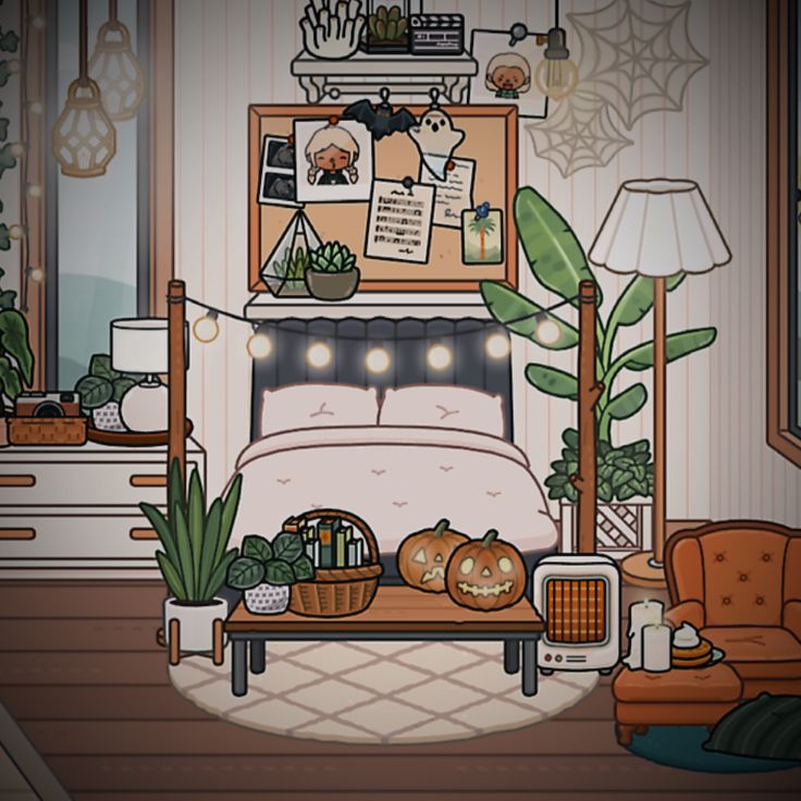 an animated bedroom with plants and furniture