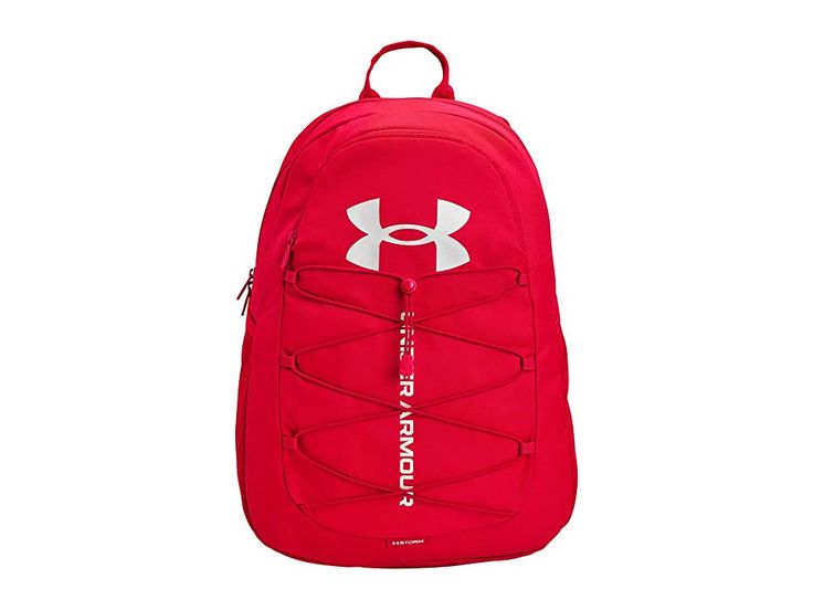 a red backpack with the words under armour on it