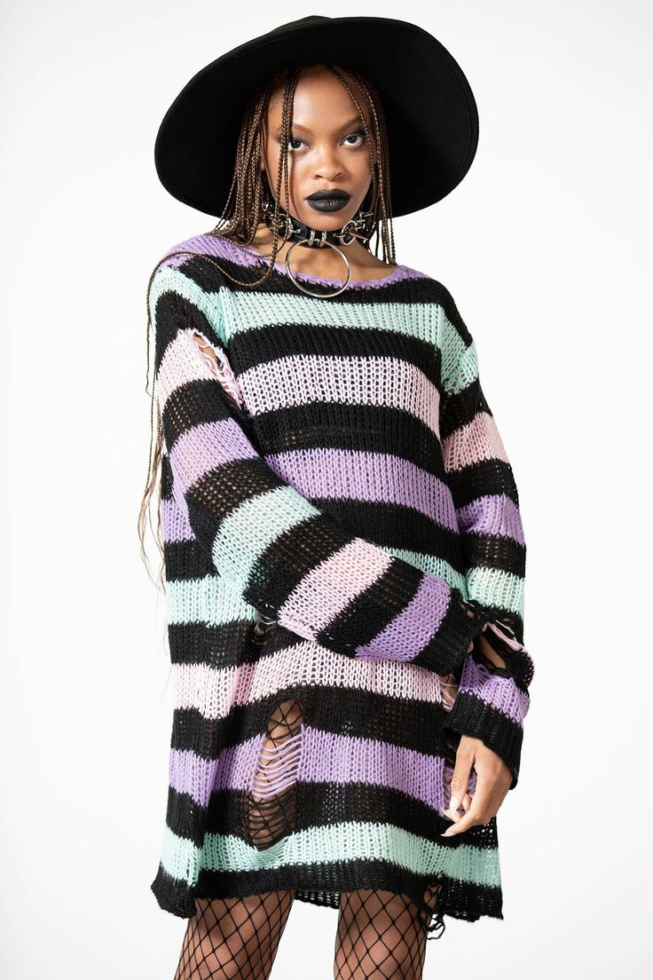 Pastel Punk Knit Sweater | Killstar Joan Core, Pastel Emo Outfits, Soft Punk Fashion, Pastel Punk Fashion, Punk Knitting, Pastel Punk Outfits, Punk Knit, Pastel Grunge Outfits, Pastel Goth Sweater