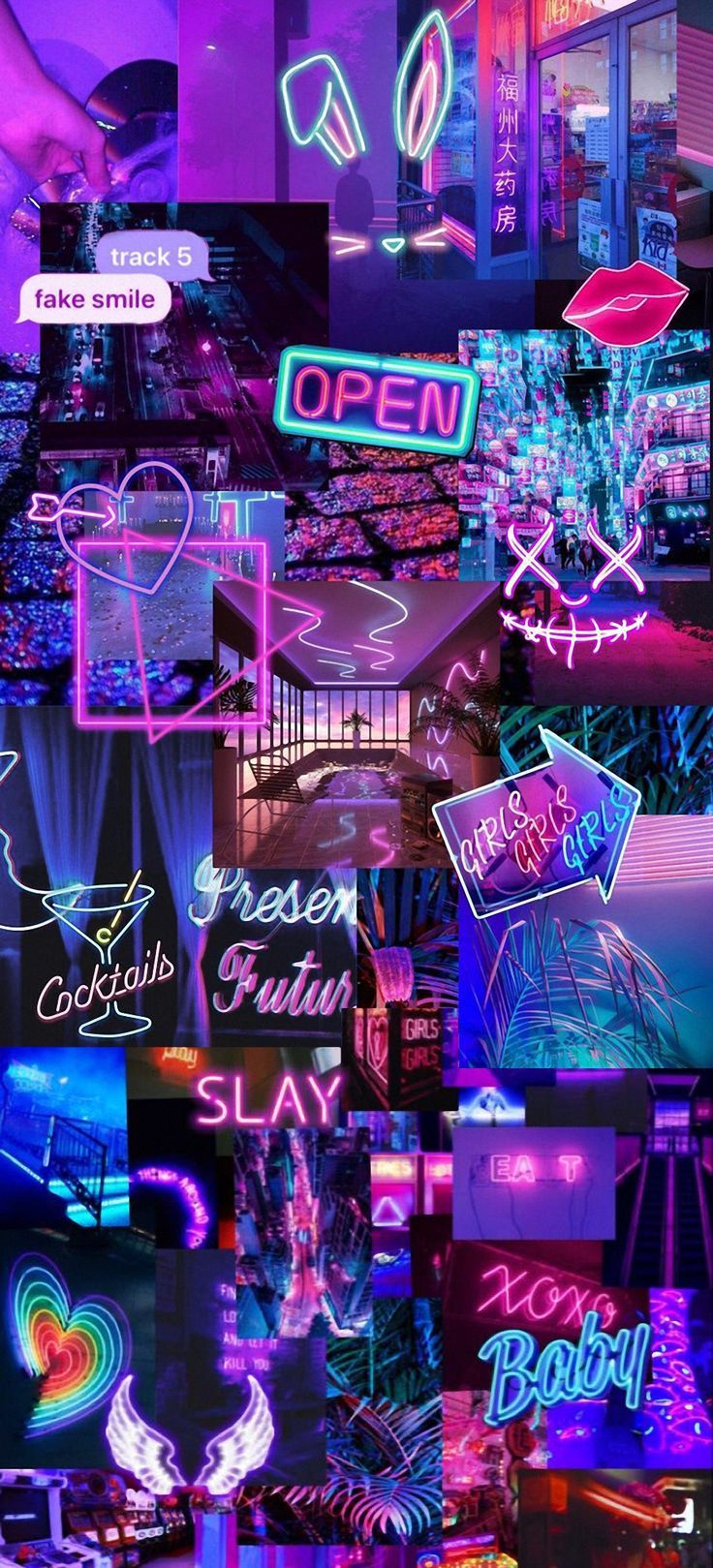 a collage of neon lights and signs in different colors, shapes, and sizes