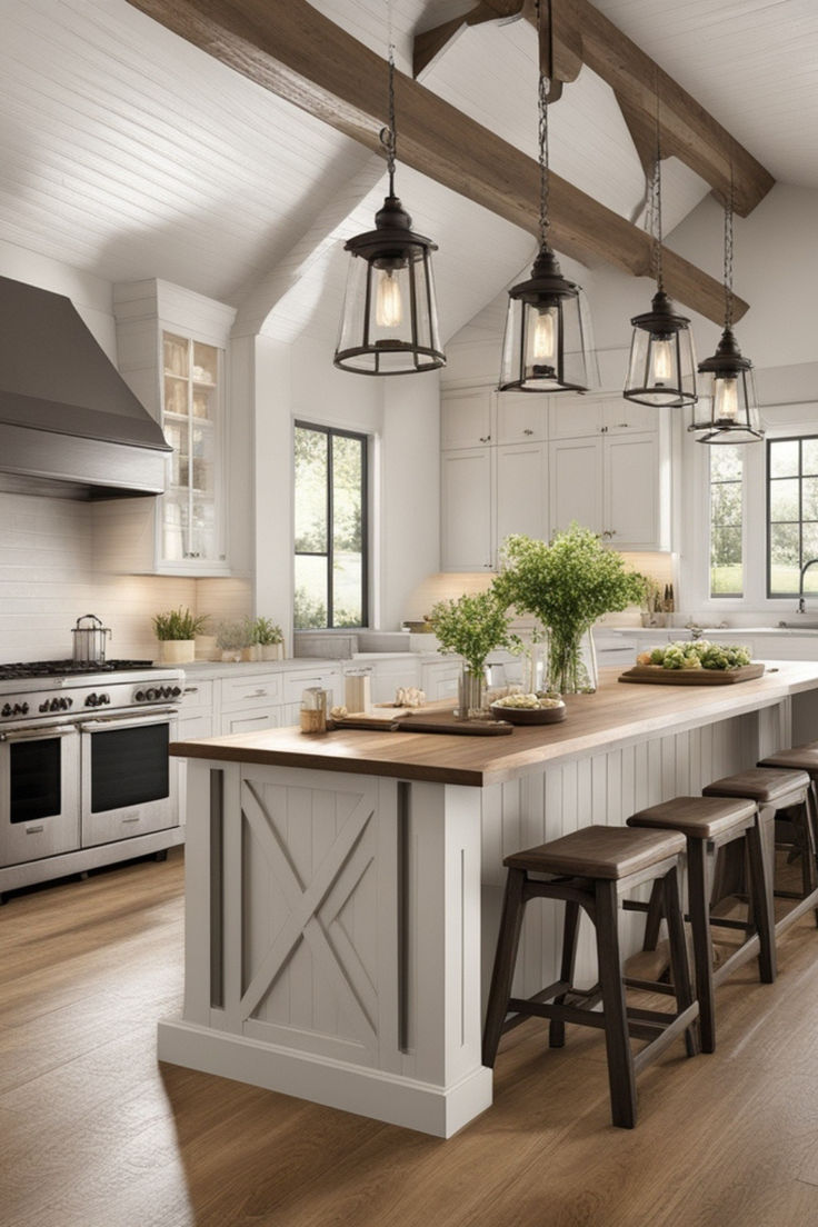 a kitchen with an island and stools in the center, lights hanging from the ceiling